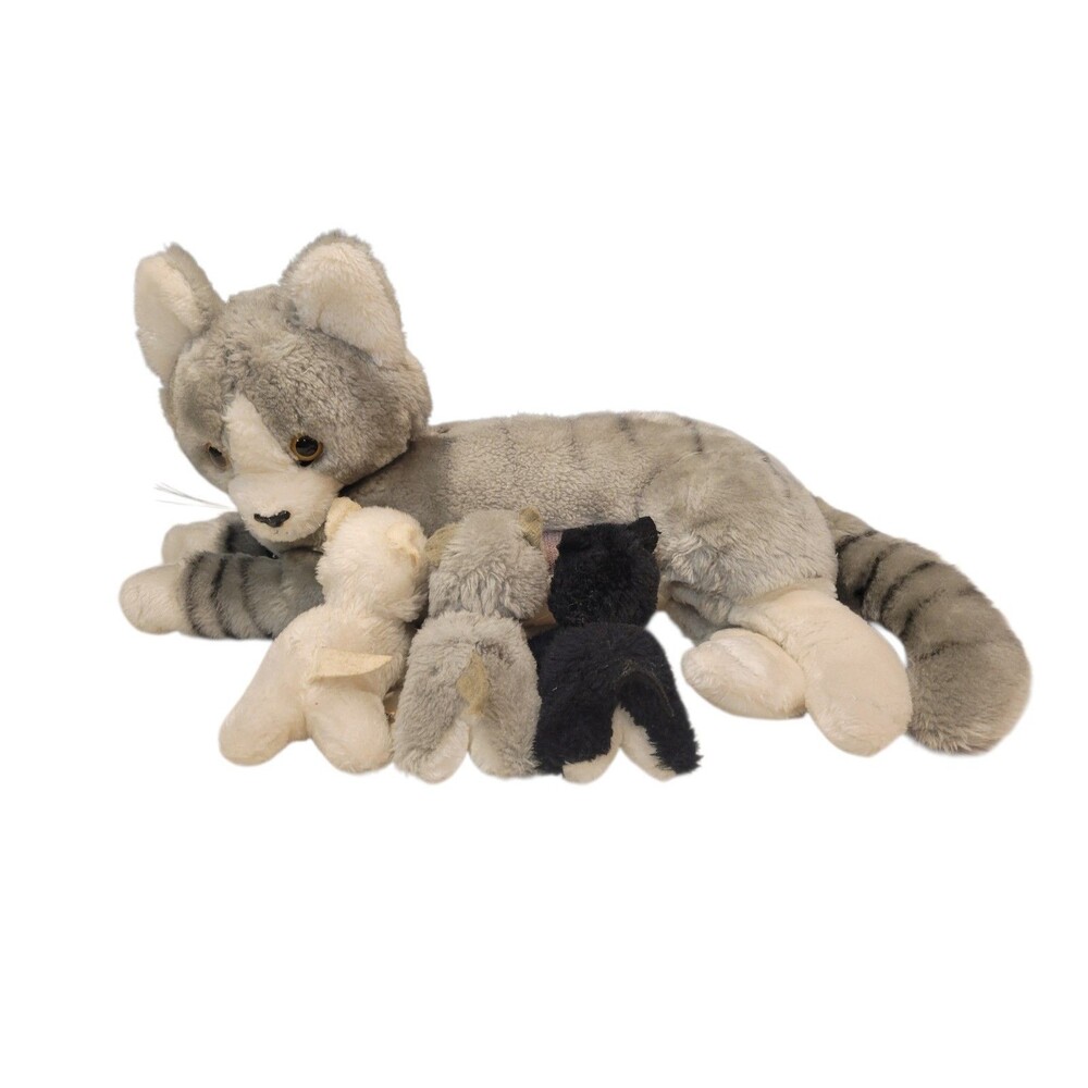 Vintage 1981 Dakin Grey Cat Mother Nursing 3 Plush Baby Kittens Stuffed Animals